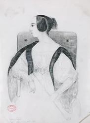 George Sand (1804-76) sitzt in einem Sessel, 1833